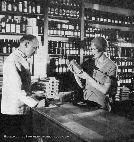 Shopping at a grocery store; photo by Barnaba from Better Homes and Gardens, July 1930.
